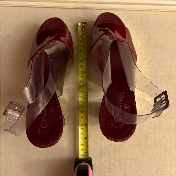 Chanel PVC, silver, & burgundy patent leather platform ankle strap heels. IT 40 - Picture 5 of 12